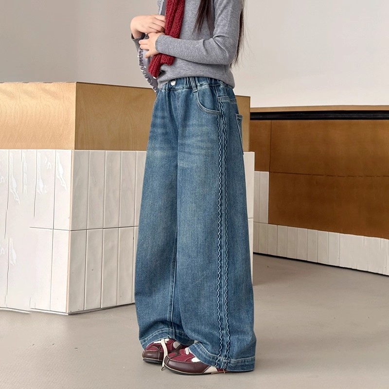 韩国女童牛仔裤2025秋冬装新款女大童初中生儿童一体绒加厚直筒裤