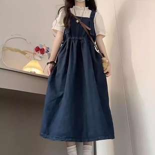 童装亲子女童牛仔背带连衣裙套装夏季大童短袖学院风初中学生长裙