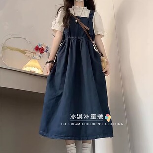 女童牛仔背带连衣裙短袖衬衫两件套女春夏装学院风中长款裙子套装