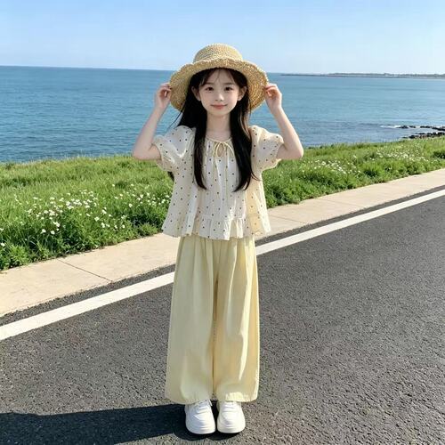 女童法式甜美圆点短袖九分阔腿裤套装2026新款夏季洋气女孩两件套