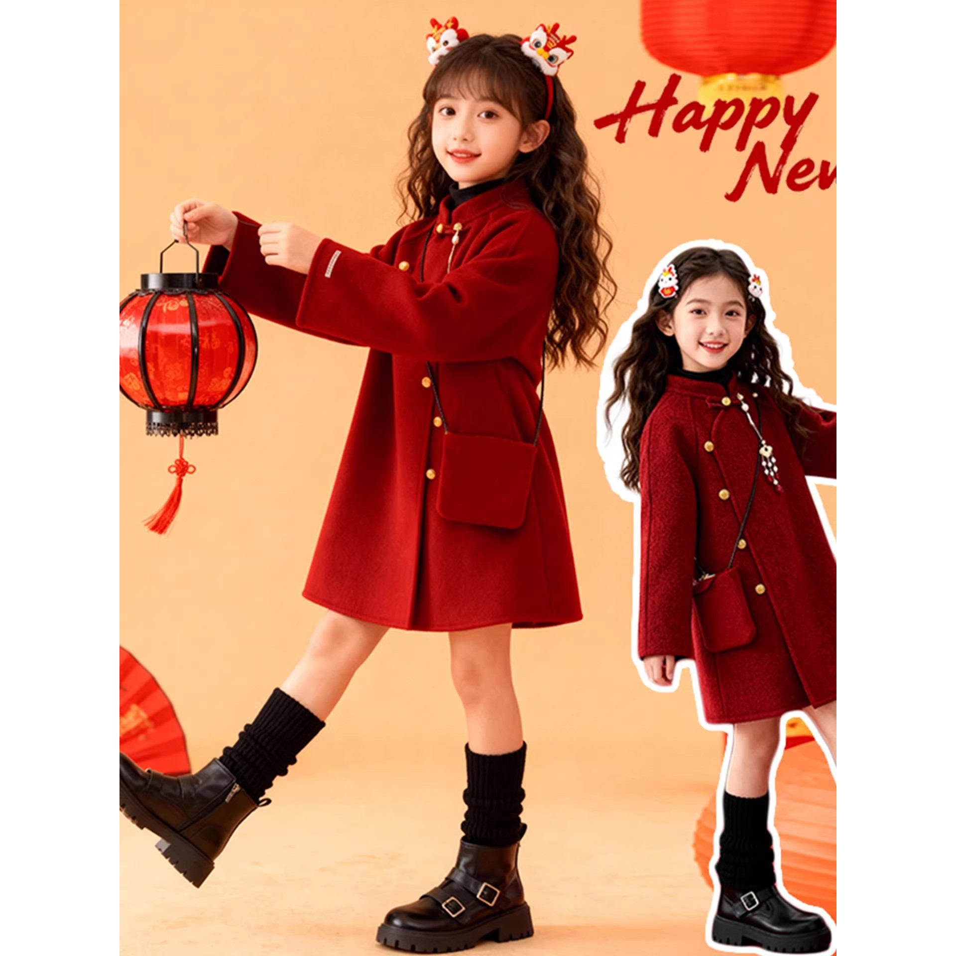 女童红色拜年呢子大衣女秋冬新款牛角扣中长款毛呢外套新年过年服,童装/婴儿装/亲子装,唐装,淘宝优惠券,粉丝福利购,淘宝优惠卷