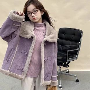 女童外套加绒加厚冬季2024新款儿童麂皮绒面料内里柔软毛绒上衣潮