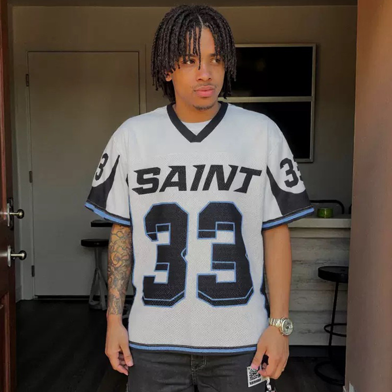 Saint Michael 数字印花网眼运动球服美式休闲拼色速干足球衣短袖