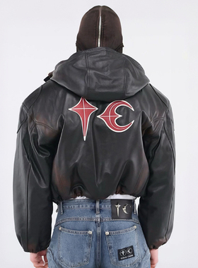 THUG CLUB小众潮牌设计感加厚保暖PU连帽皮衣夹克棉服外套