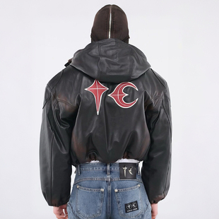 THUG CLUB小众潮牌设计感加厚保暖PU连帽皮衣夹克棉服外套