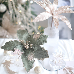 饰配饰插枝绿色香槟色 DESIGN质感绒面绒布闪粉圣诞花圣诞树装