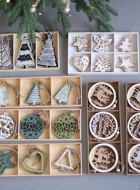 北欧原木系列圣诞小挂件白色黑色绿色系创意风格五角星爱心树挂饰