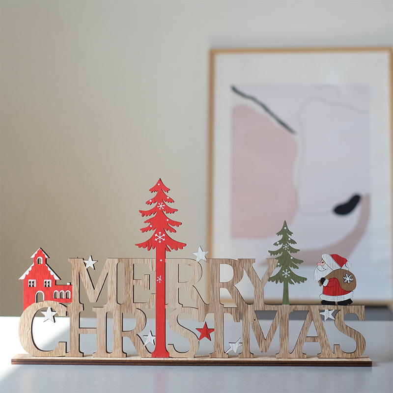 bg欧美ins风圣诞节木质摆件红色