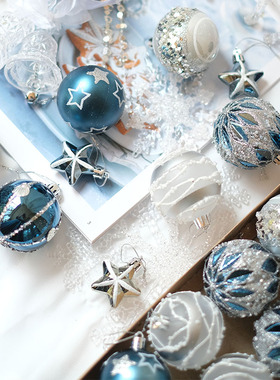 6CM蓝色白色圣诞球复古圣诞装饰品手绘外贸BGDESIGN网红套装球