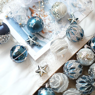 6CM蓝色白色圣诞球复古圣诞装 球 饰品手绘外贸BGDESIGN网红套装