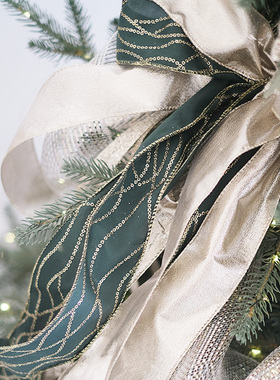 香槟金沙金圣诞宽丝带铁丝定形带墨绿色金线圣诞树装饰带金属质感