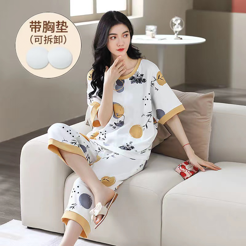 带胸垫睡衣女夏季纯棉短袖七分裤套装韩版宽松夏天薄款大码家居服