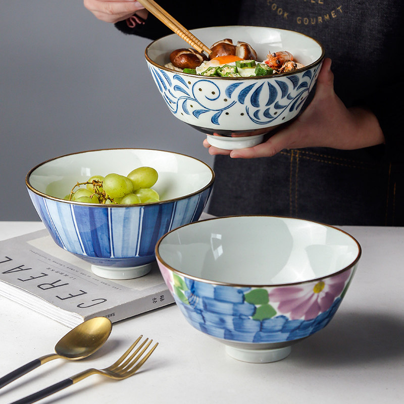 瓷彩美日式斗笠拉面碗手绘创意陶瓷菜碗牛肉面条碗汤碗家用沙拉碗