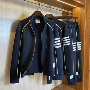 强推王选!五明治空气层tb四道杠条纹撞色白边立领拉链卫衣外套男