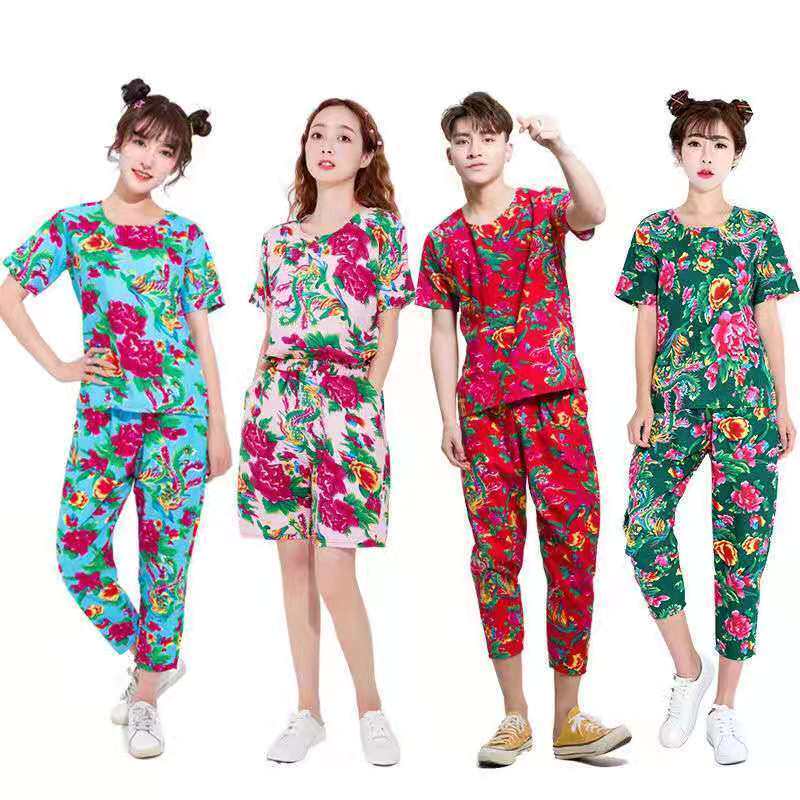 东北大花布衣服套装网红攀娘同款男女姐妹装生日头巾二人转花衣裳