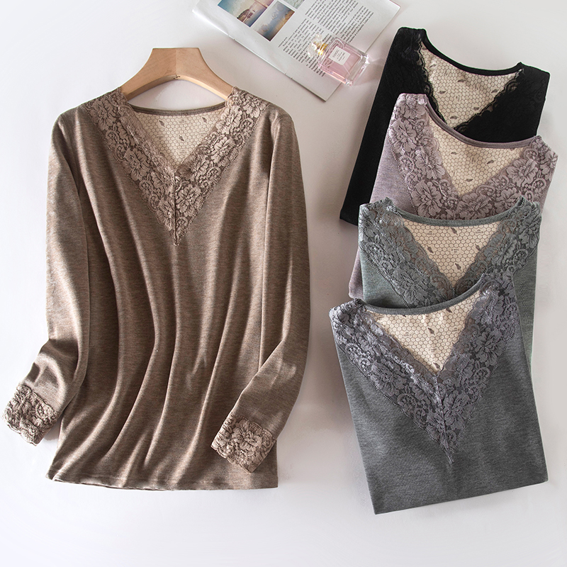 德绒打底衫V字领保暖内衣女秋衣