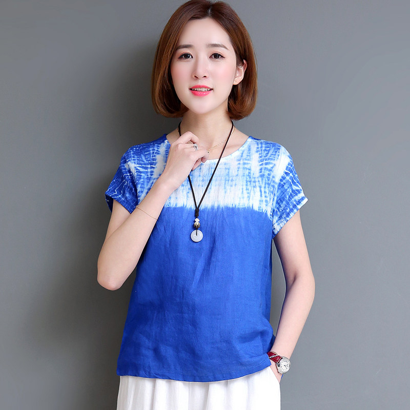 夏装中国风女装短款2023年新款式扎染渐变色短袖棉麻t恤亚麻上衣