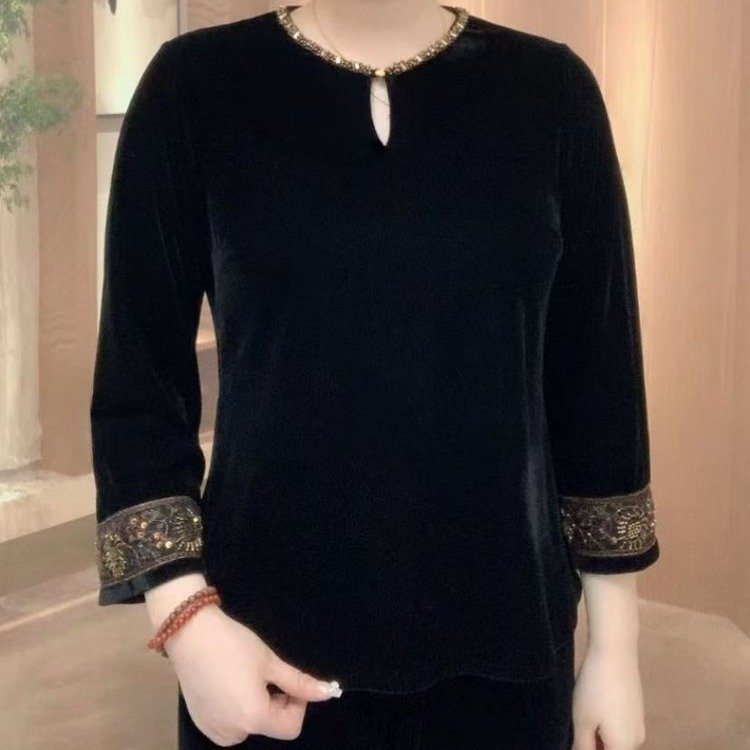810正品.丝绒纯色圆领T恤女士打底衫2026春秋季七分袖上衣妈妈装