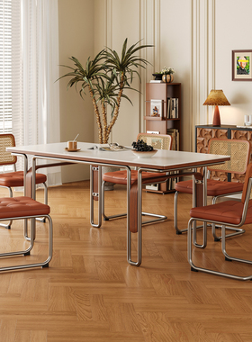 中古风岩板实木餐桌家用不锈钢复古家具包豪斯长方形康桥餐桌椅