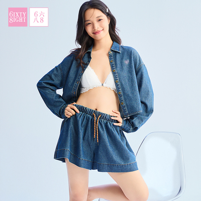 68女装秋新款简约牛仔翻领长袖刺绣衬衫通勤百搭上衣