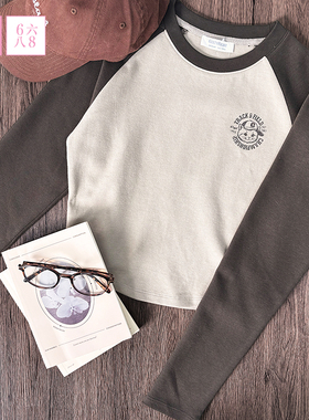 6IXTY8IGHT 68女装圆领撞色牛角袖修身T恤短款上衣