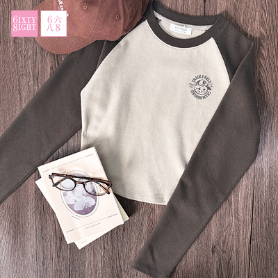 6IXTY8IGHT 68女装圆领撞色牛角袖修身T恤短款上衣