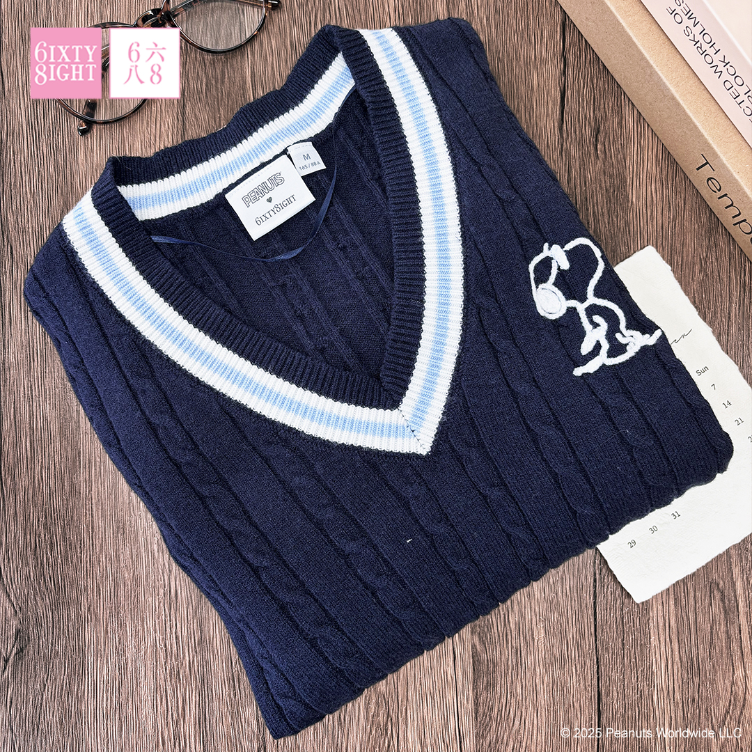 【史努比联名】68女装V领卡通刺绣针织衫长袖学院风短款上衣