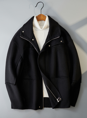 灰色休闲毛呢外套简约大翻领休闲拉链呢子风衣钱塘6016-061p575