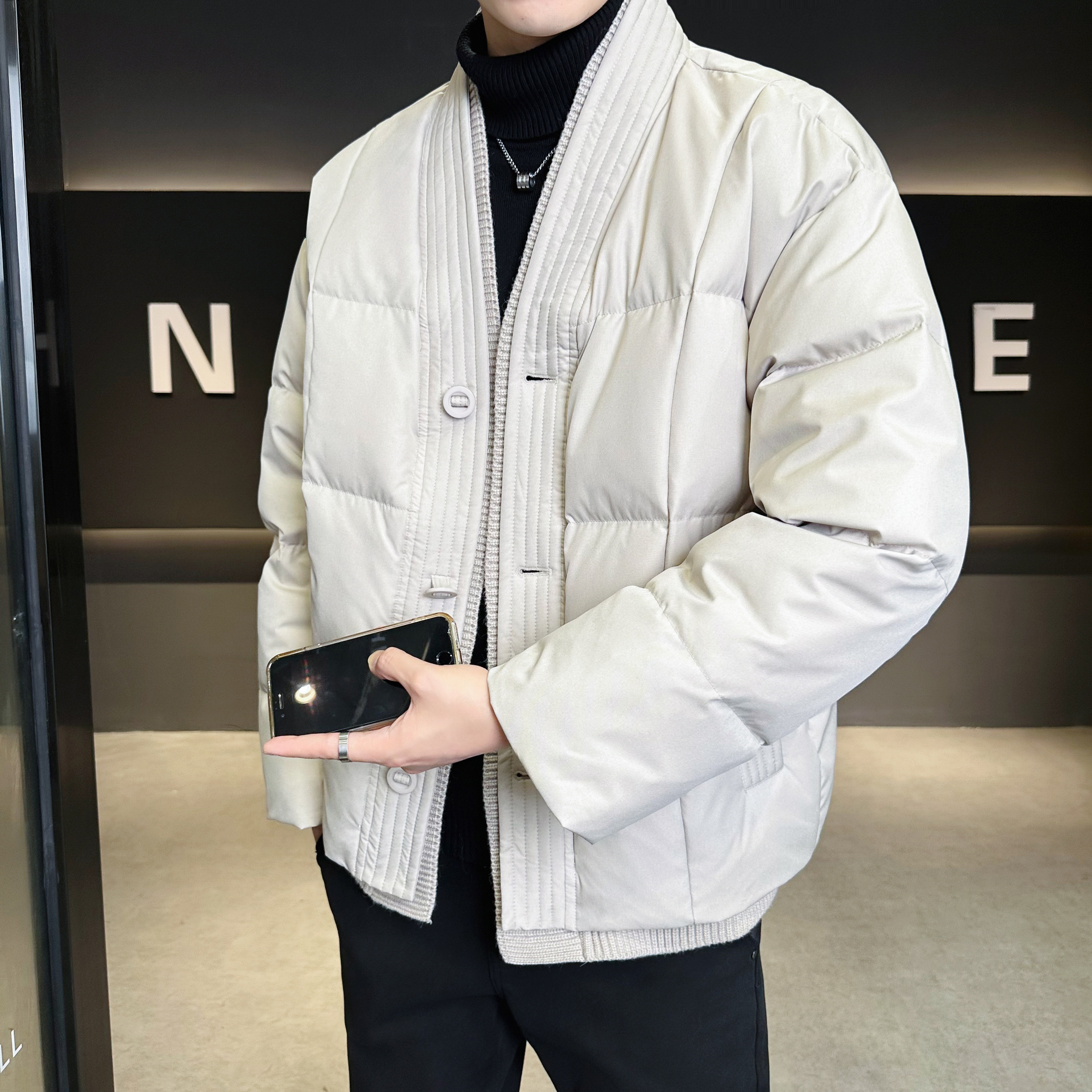 豆腐块格子羽绒服外穿羽绒衣风民族冬装米色6016-25118P400,男装民族服装,钱塘大厦6016