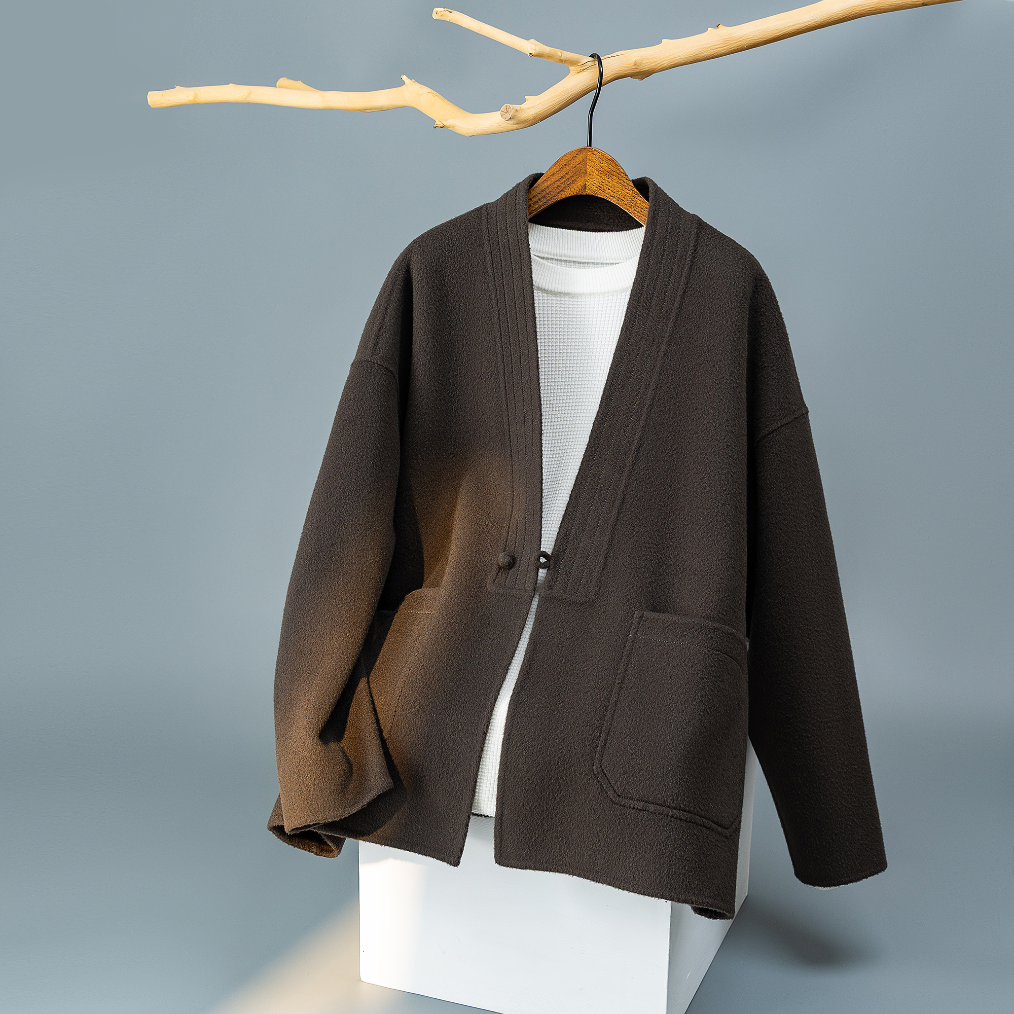 茶褐色 新中式国风茶服毛呢大衣 100%羊毛外套6016-8506P325控688