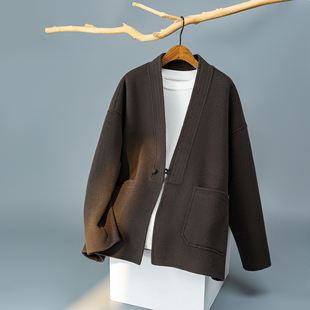 100%羊毛外套6016 国风茶服毛呢大衣 8506P325控688 新中式 茶褐色