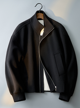 爆款短款螺纹松紧休闲毛呢外套呢子夹克黑色钱塘6016-66160p385