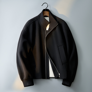 66160p385 螺纹松紧休闲毛呢外套呢子夹克黑色钱塘6016 爆款 短款