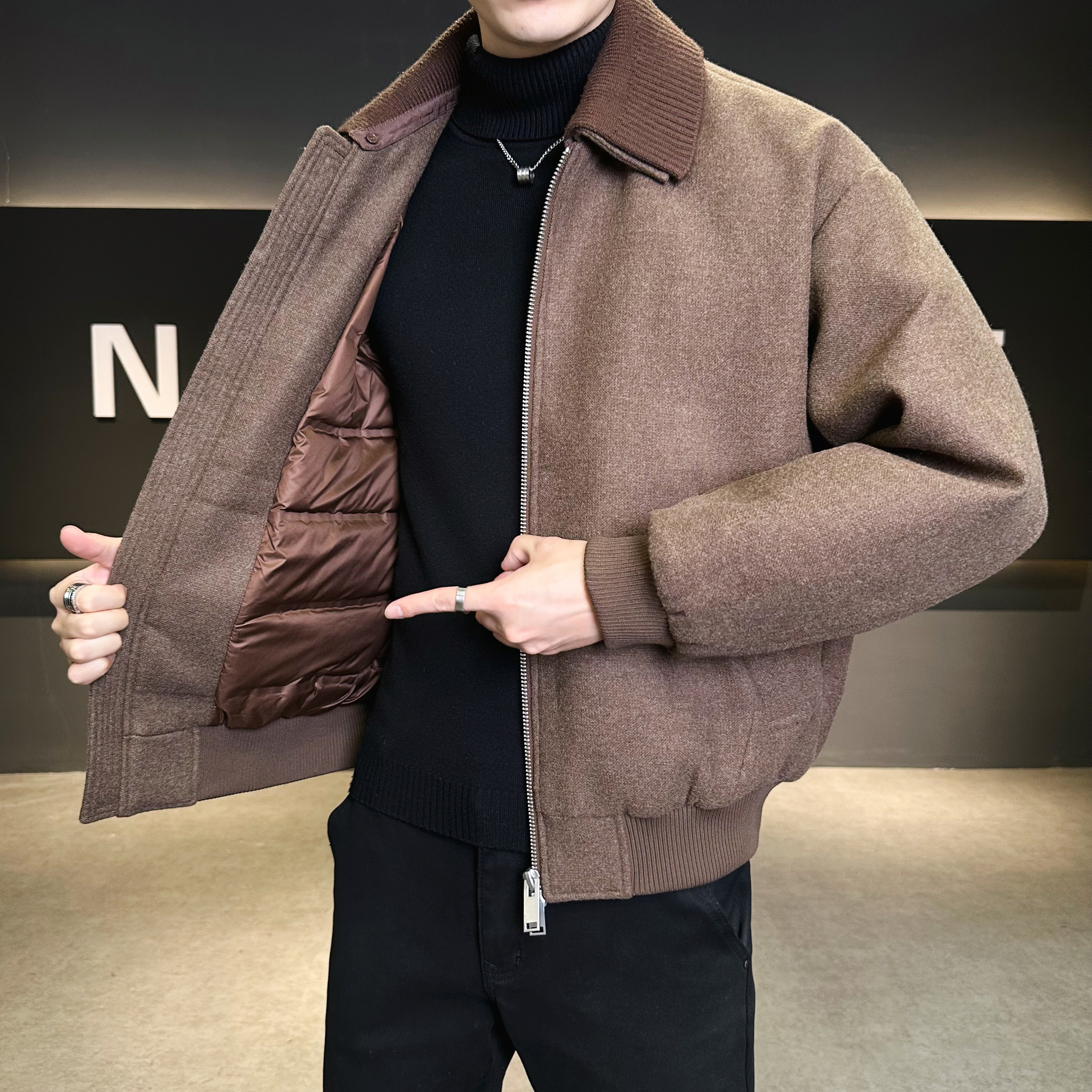 咖色呢子夹克羽绒服毛线双领可脱卸羽绒衣6016-25320P350控699，男装夹克，钱塘大厦6016