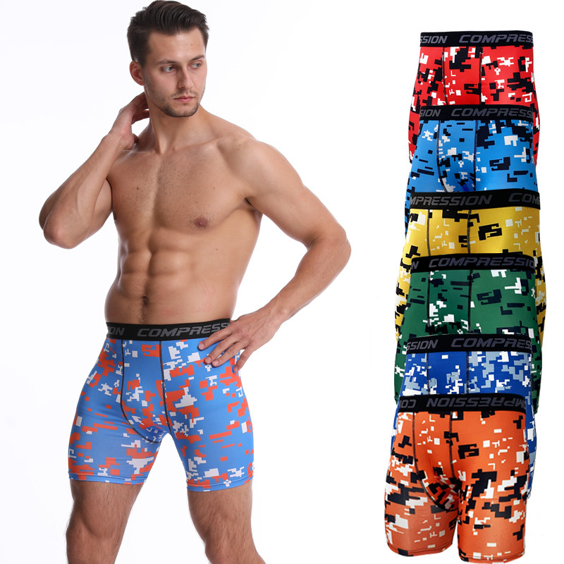 运动紧身短裤男夏季快干健身跑步印花弹力篮球打底训练五分裤泳裤