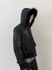 FromTheisland Visual Print Cotton Jacket with Detachable Fur Collar and Ribbed Trim for Warmth in Autumn and Winter