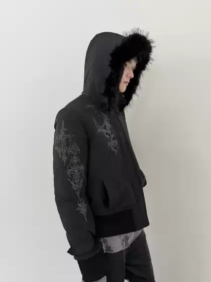 FromTheisland Visual Print Cotton Jacket with Detachable Fur Collar and Ribbed Trim for Warmth in Autumn and Winter