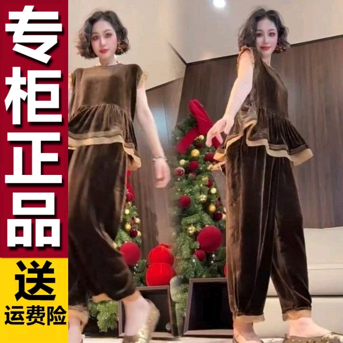 原版欧洲站2026夏季新款时尚气质简约通勤上衣休闲裤丝绒两件套女