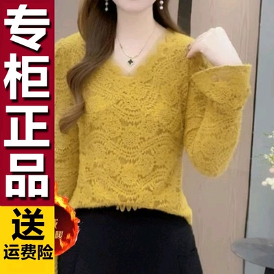 原版法式V领蕾丝冬季新款衬衫洋气修身显瘦减龄百搭气质休闲上衣