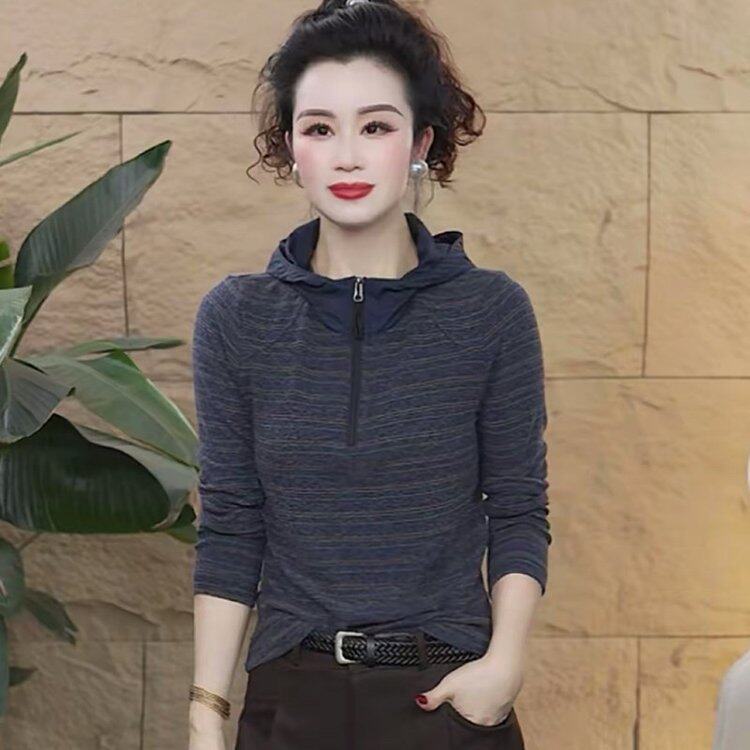 原版时尚条纹立领T恤女2026秋季新款设计感洋气减龄显瘦气质上衣