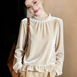 杏色丝绒上衣2026春季 衬衫 款 荷叶边长袖 原版 T恤女打底衫 法式