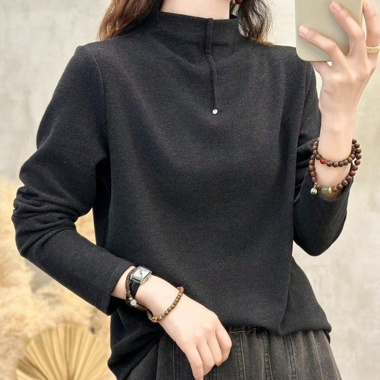 原版25冬季新款长袖打底衫女中年妈妈洋气加绒半高领双面德绒上衣