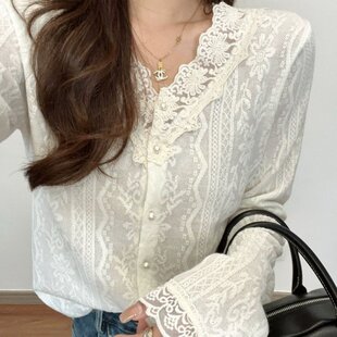 新款 原版 女春季 高级感重工蕾丝钩花开衫 高宽松显瘦针织上衣潮 法式