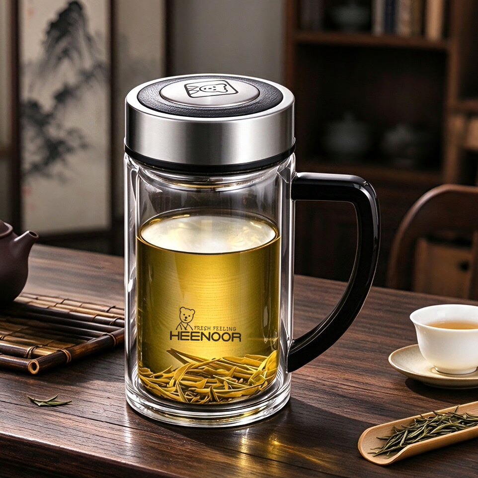 希诺双层玻璃杯带把手大容量水杯带手柄办公室耐热家用带盖泡茶杯