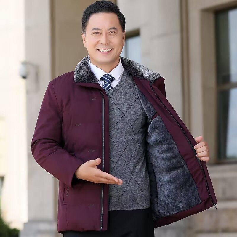 加绒保暖棉服中年爸爸酒红色棉衣
