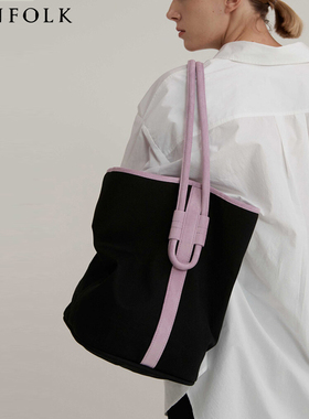 包包女ins小众潮撞色学生百搭大容量水桶包布拼皮革双肩带单肩包