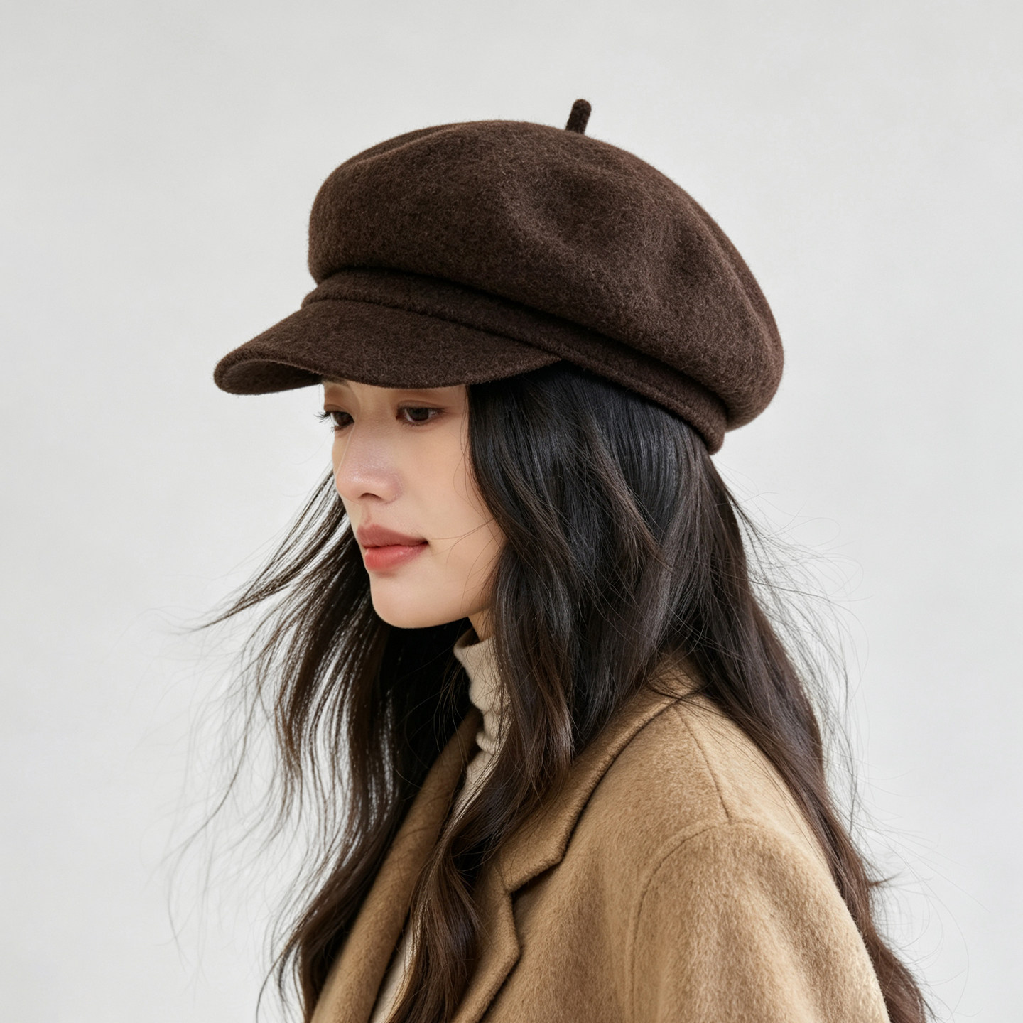 美拉德带檐贝雷帽女秋冬季羊毛呢保暖报童帽八角帽百搭显脸小帽子