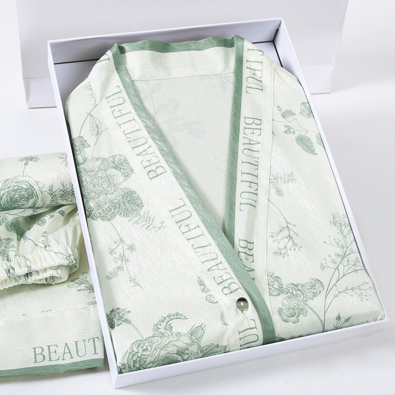 素雅睡衣女款夏季冰丝绸长袖碎花花卉甜美女式春秋宽松家居服套装