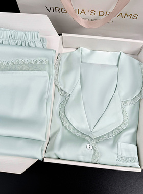 绿色女士夏季凉感空调房休闲睡衣短袖冰丝2026新款家居服套装春秋