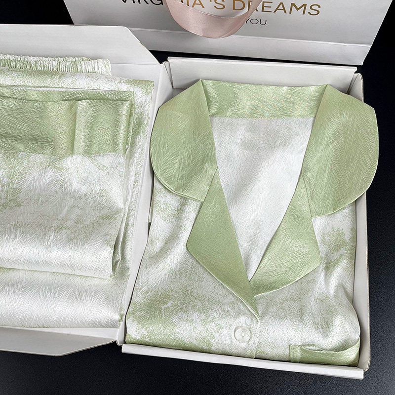 【羽毛纹】拼接袖口撞色三件套冰丝睡衣春夏女款新款绿色休闲家居